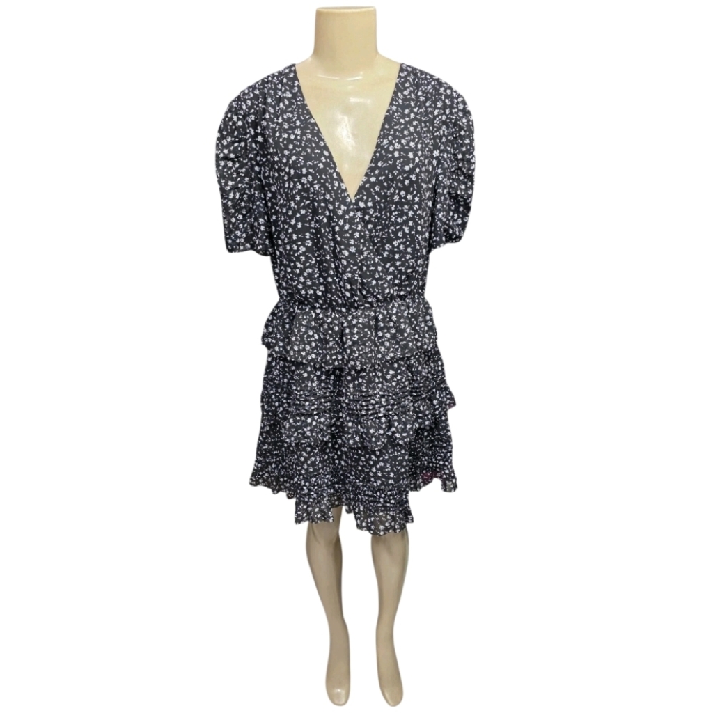 Nwt Allsaints Ilia Pippa Black Printed V-Neck Ruffled Mini Dress Us 4